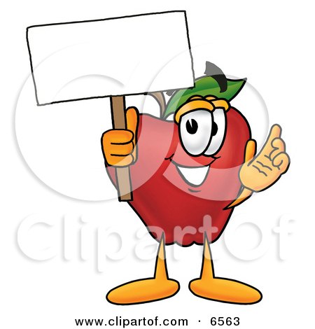 Red Apple Character Mascot Holding a Blank White Sign Over His Head Clipart Picture by Mascot Junction