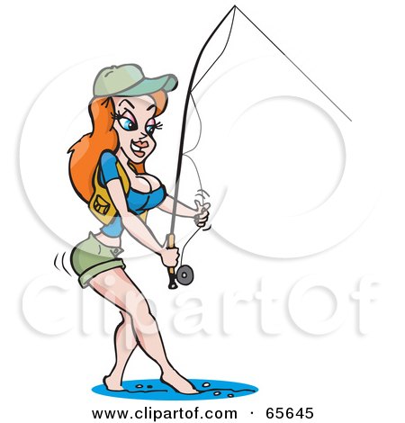 Royalty-Free (RF) Clipart Illustration of a Sexy Redhead Woman Fishing by Dennis Holmes Designs