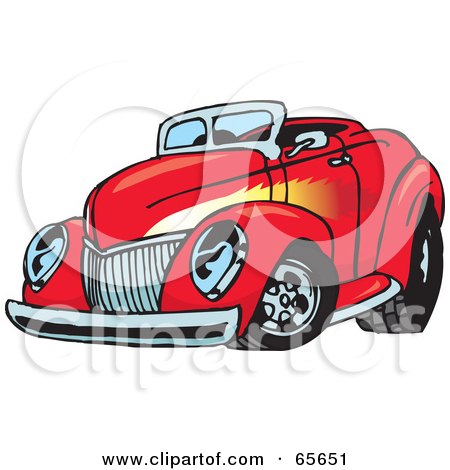 Royalty-Free (RF) Clipart Illustration of a Red Convertible Hot Rod With A Flame Paint Job by Dennis Holmes Designs