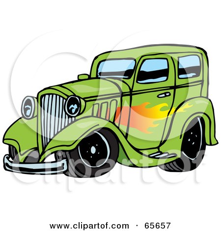 Royalty-Free (RF) Clipart Illustration of a Green Hot Rod With A Flame Paint Job by Dennis Holmes Designs