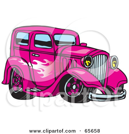 Royalty-Free (RF) Clipart Illustration of a Pink Hot Rod With A Flame Paint Job by Dennis Holmes Designs