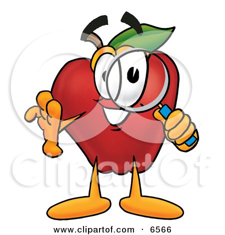 Red Apple Character Mascot Peeking Through a Magnifying Glass Clipart Picture by Mascot Junction