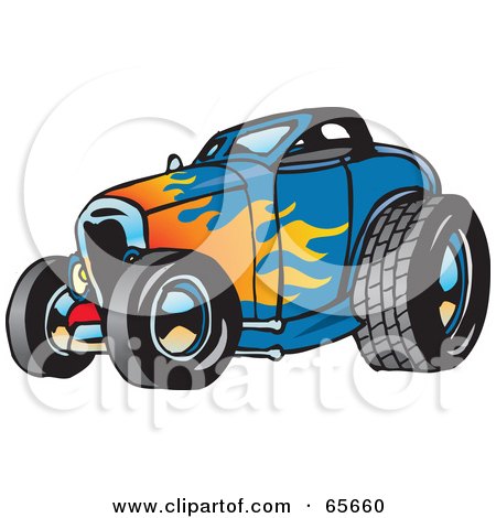 Royalty-Free (RF) Clipart Illustration of a Blue Hot Rod With A Flame Paint Job by Dennis Holmes Designs