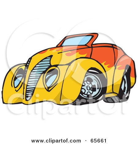 Royalty-Free (RF) Clipart Illustration of an Orange Convertible Hot Rod With A Flame Paint Job by Dennis Holmes Designs