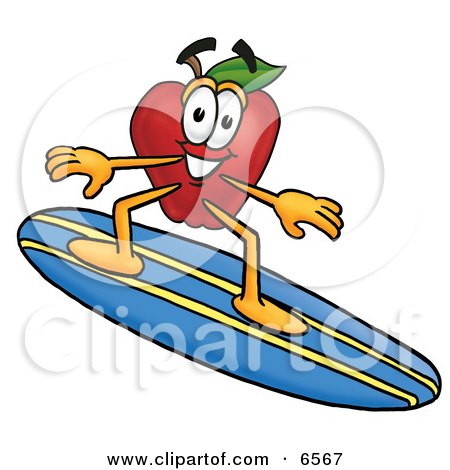 Red Apple Character Mascot Surfing on a Blue and Yellow Surfboard Clipart Picture by Mascot Junction