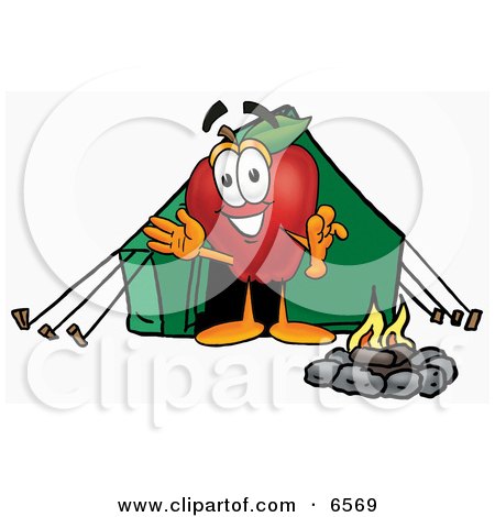 Red Apple Character Mascot Camping With a Tent and a Fire Clipart Picture by Mascot Junction