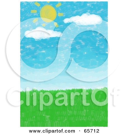 Royalty-Free (RF) Clipart Illustration of a Background Of The Sun And Clouds Over A Green Meadow by Prawny