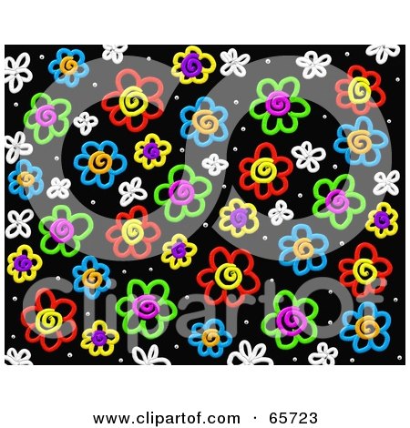 Royalty-Free (RF) Clipart Illustration of a Background Of Colorful Flowers Over Black by Prawny