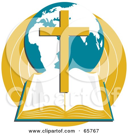 Royalty-Free (RF) Clipart Illustration of an Open Holy Bible With A Globe And Cross by Prawny