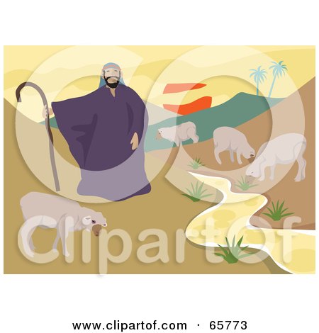 Royalty-Free (RF) Clipart Illustration of a Male Shepherd Standing By A Creek With His Flock by Prawny