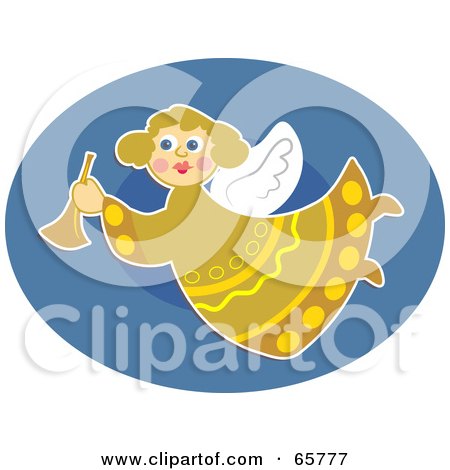Royalty-Free (RF) Clipart Illustration of a Pretty Angel In Yellow, Flying Over A Blue Oval by Prawny