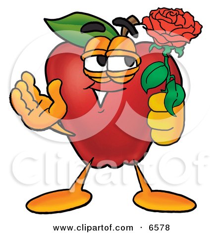 Red Apple Character Mascot Holding a Single Red Rose For His Love on Valentines Day Clipart Picture by Mascot Junction