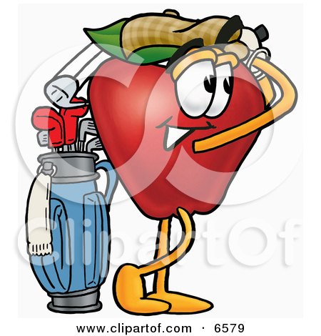 Red Apple Character Mascot Swinging His Golf Club While Golfing Clipart Picture by Mascot Junction