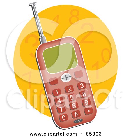 Royalty-Free (RF) Clipart Illustration of a Red Retro Cell Phone With A Pull Out Antenna Over An Orange Number Circle by Prawny