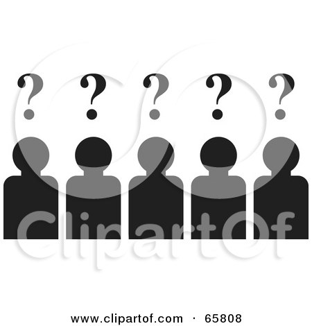 Royalty-Free (RF) Clipart Illustration of a Silhouetted Team Of Five Business People With Question Marks Over Their Heads by Prawny