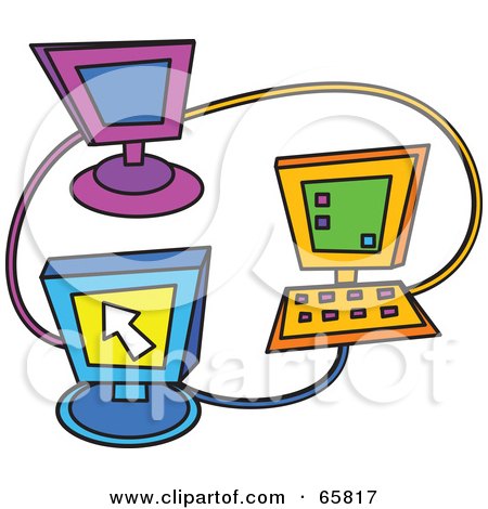 Royalty-Free (RF) Clipart Illustration of Three Colorful Computers Networked by Prawny