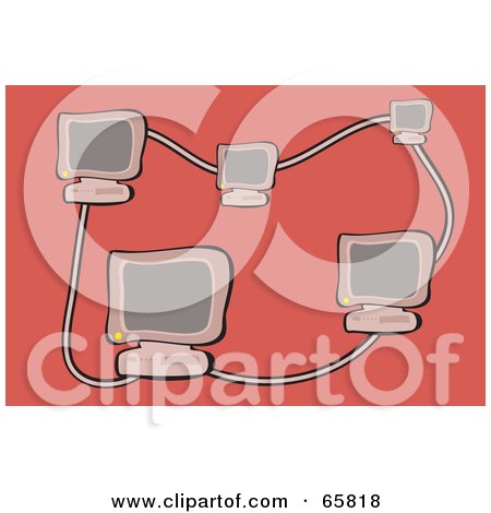 Royalty-Free (RF) Clipart Illustration of Networked Desktop Computers On Red by Prawny