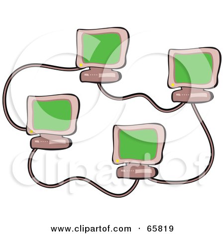 Royalty-Free (RF) Clipart Illustration of Four Green Computers Networked by Prawny