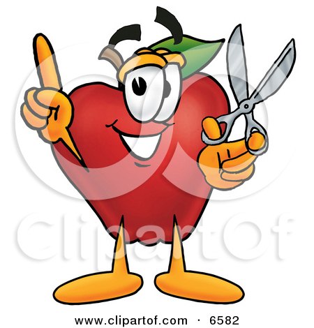 Red Apple Character Mascot Holding a Pair of Scissors Clipart Picture by Mascot Junction