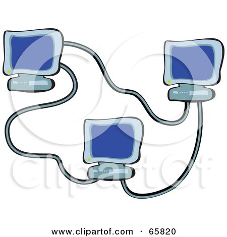 Royalty-Free (RF) Clipart Illustration of Three Blue Computers Networked by Prawny