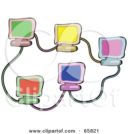 Royalty-Free (RF) Clipart Illustration of Five Colorful Computers Networked by Prawny