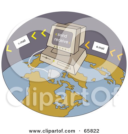 Royalty-Free (RF) Clipart Illustration of a Computer Sending Email On A Globe by Prawny