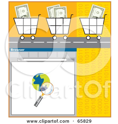 Royalty-Free (RF) Clipart Illustration of Cash Filled Shopping Carts On A Road Over A Computer Window by Prawny