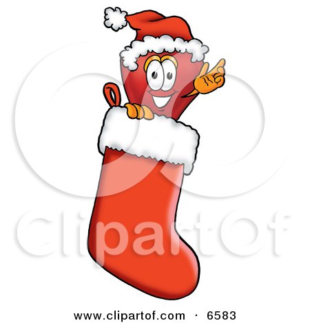 Red Apple Character Mascot Wearing a Santa Hat Inside a Red Christmas Stocking Clipart Picture by Mascot Junction