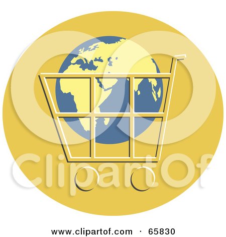 Royalty-Free (RF) Clipart Illustration of a Globe In A Shopping Cart Over An Orange Circle by Prawny