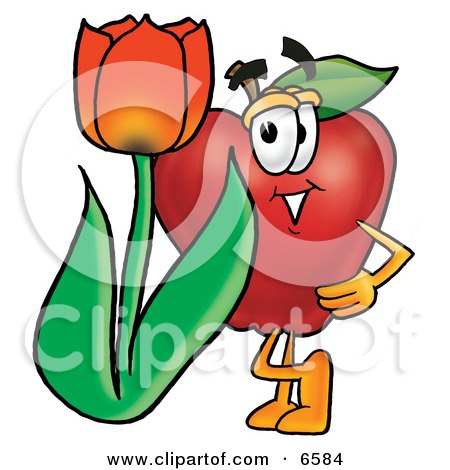 Red Apple Character Mascot With a Red Tulip Flower in the Spring Clipart Picture by Mascot Junction
