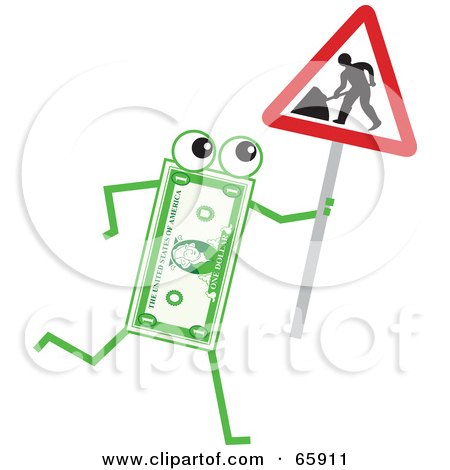 Royalty-Free (RF) Clipart Illustration of a Banknote Character Holding A Road Work Sign by Prawny