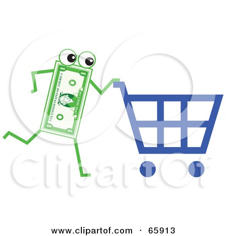 Royalty-Free (RF) Clipart Illustration of a Banknote Character Pushing A Shopping Cart by Prawny