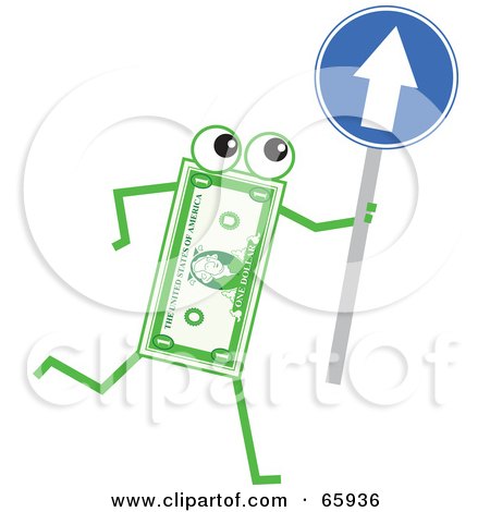 Royalty-Free (RF) Clipart Illustration of a Banknote Character Holding A Blue Arrow Sign by Prawny