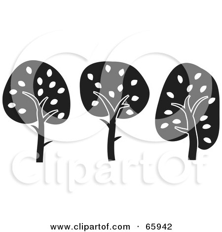 Royalty-Free (RF) Clipart Illustration of a Row Of Three Black And White Trees by Prawny
