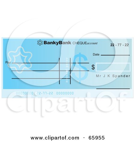 Royalty-Free (RF) Clipart Illustration of a Blue Flower And Dollar Symbol Cheque With Dollar Symbols by Prawny