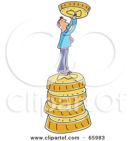 Royalty-Free (RF) Clipart Illustration of a Tiny Man On A Stack Of Coins, Holding Up A Coin by Prawny