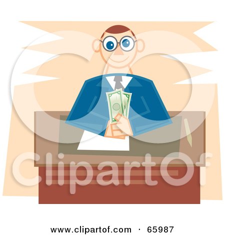 Royalty-Free (RF) Clipart Illustration of a Male Banker Sitting With Cash At His Desk by Prawny