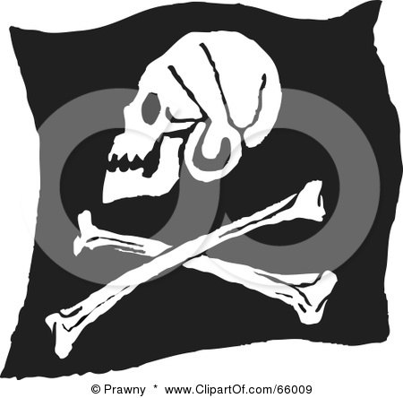 Royalty-Free (RF) Clipart Illustration of a Profiled Black And White Jolly Roger Pirate Flag by Prawny