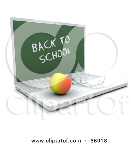 Royalty-Free (RF) Clipart Illustration of an Apple And Glasses On A Laptop With A Back To School Chalkboard Screen by KJ Pargeter