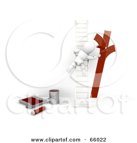 Royalty-Free (RF) Clipart Illustration of a 3d White Character On A Ladder, Painting A Wall Red by KJ Pargeter