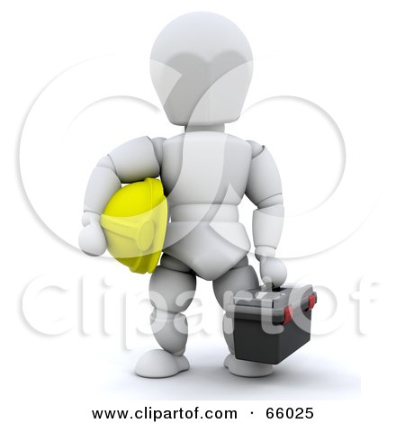 Royalty-Free (RF) Clipart Illustration of a 3d White Character Worker Carrying A Hardhat And Tool Box by KJ Pargeter