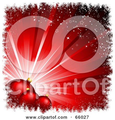 Royalty-Free (RF) Clipart Illustration of a Red Burst Christmas Background With Red Baubles And White Grunge Borders by KJ Pargeter