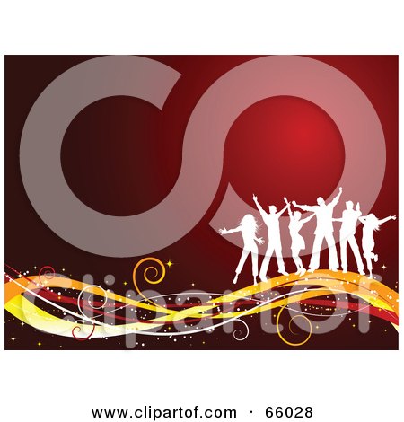 Royalty-Free (RF) Clipart Illustration of a Red Christmas Party Background With White People Dancing On Colorful Swooshes by KJ Pargeter