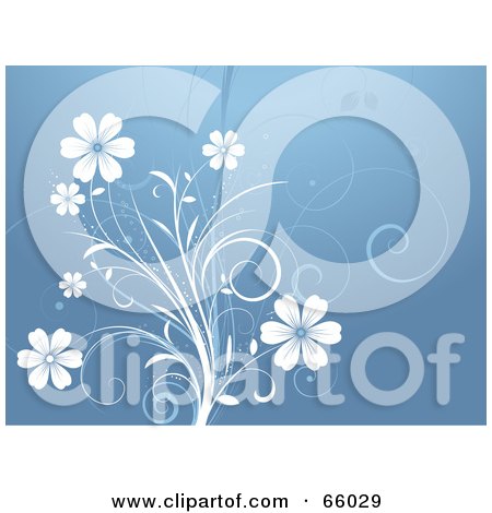 Royalty-Free (RF) Clipart Illustration of a Blue Floral Background With White Flowers by KJ Pargeter