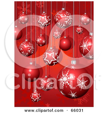 Royalty-Free (RF) Clipart Illustration of a Red Background Of Snowflake And Star Christmas Baubles by KJ Pargeter