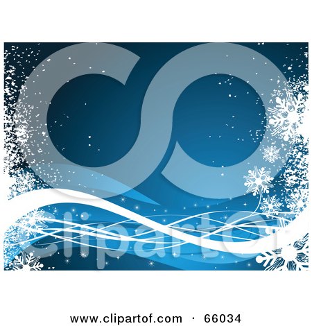 Royalty-Free (RF) Clipart Illustration of a Blue Swoosh Christmas Background With White Snowflake Grunge by KJ Pargeter