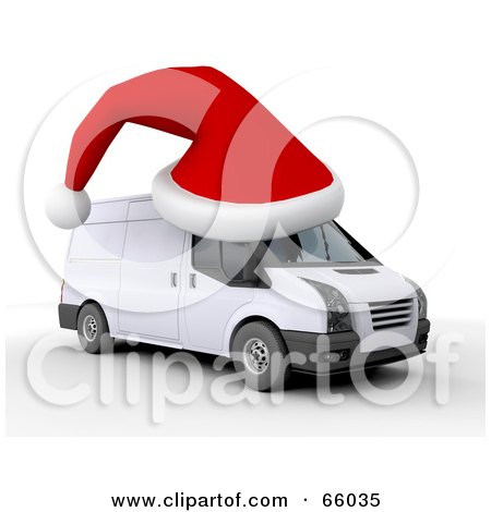 Royalty-Free (RF) Clipart Illustration of a 3d Red Santa Hat On Top Of A White Delivery Van by KJ Pargeter