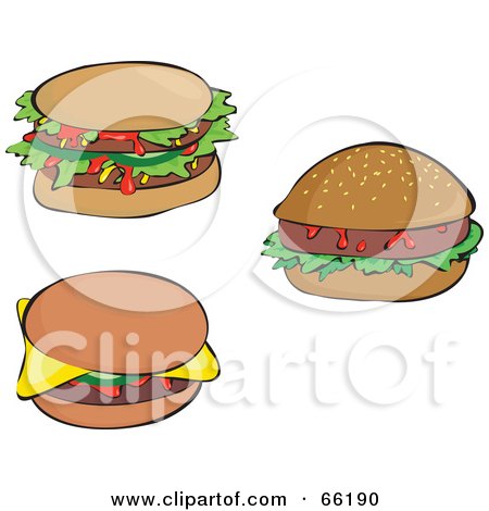 Royalty-Free (RF) Clipart Illustration of a Digital Collage Of Three Sloppy Double And Single Hamburgers by Prawny