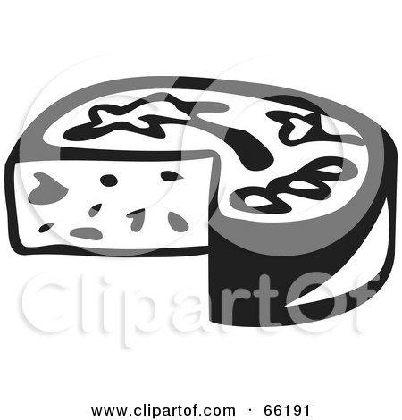 Royalty-Free (RF) Clipart Illustration of a Black And White Rounded Cheese With A Missing Wedge by Prawny