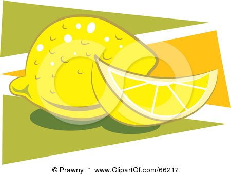 Royalty-Free (RF) Clipart Illustration of Whole And Sliced Lemons Over Orange And Green Triangles by Prawny